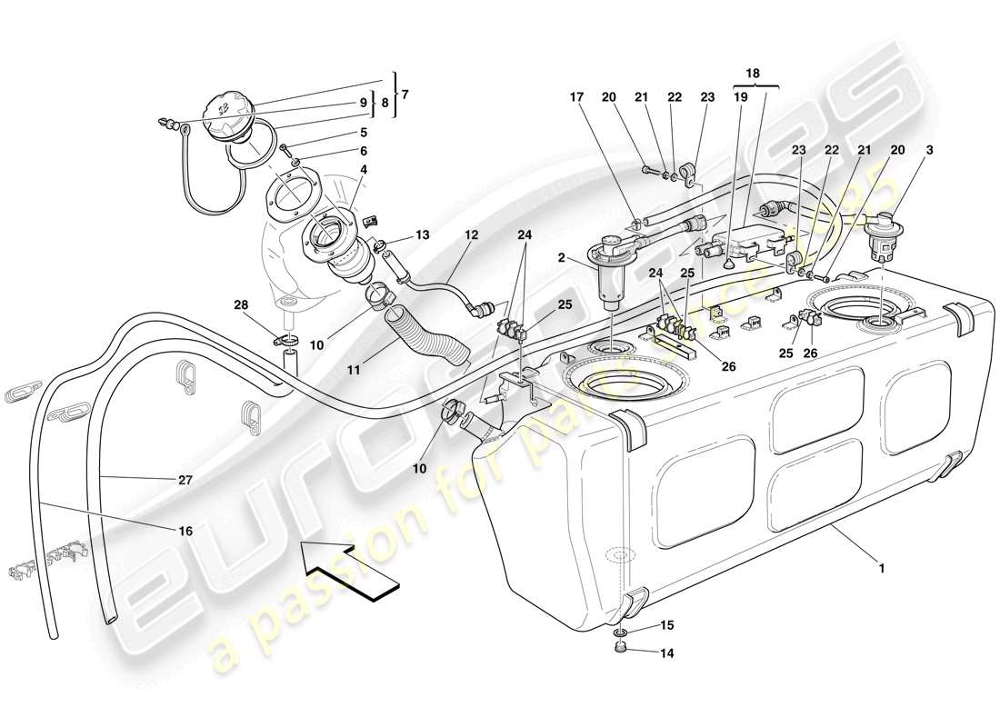 ferrari 612 sessanta (europe) fuel tank - filler neck and pipes part diagram