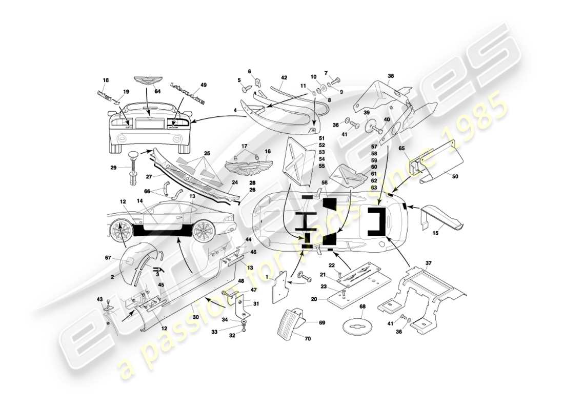 aston martin db7 vantage (2001) body fittings part diagram