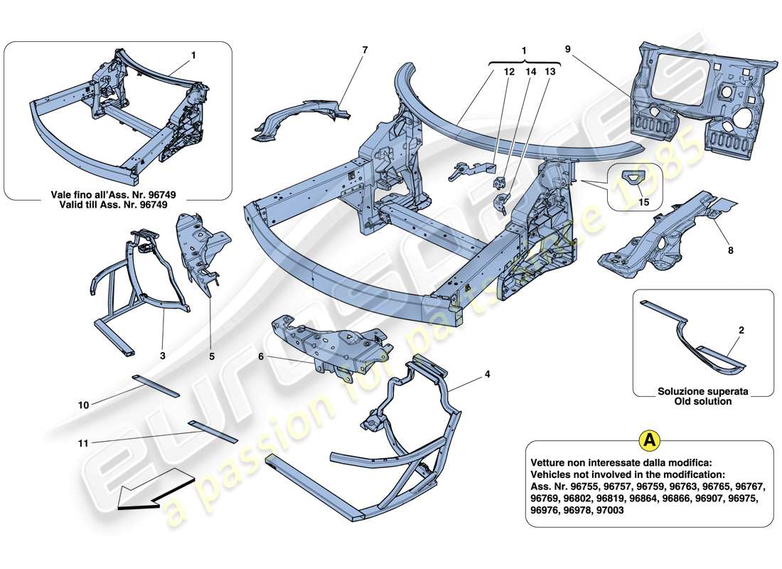ferrari 458 italia (usa) chassis - complete front structure and panels part diagram