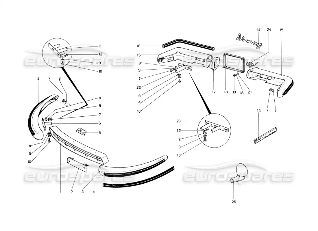 ferrari 246 dino (1975) bumpers and mouldings parts diagram