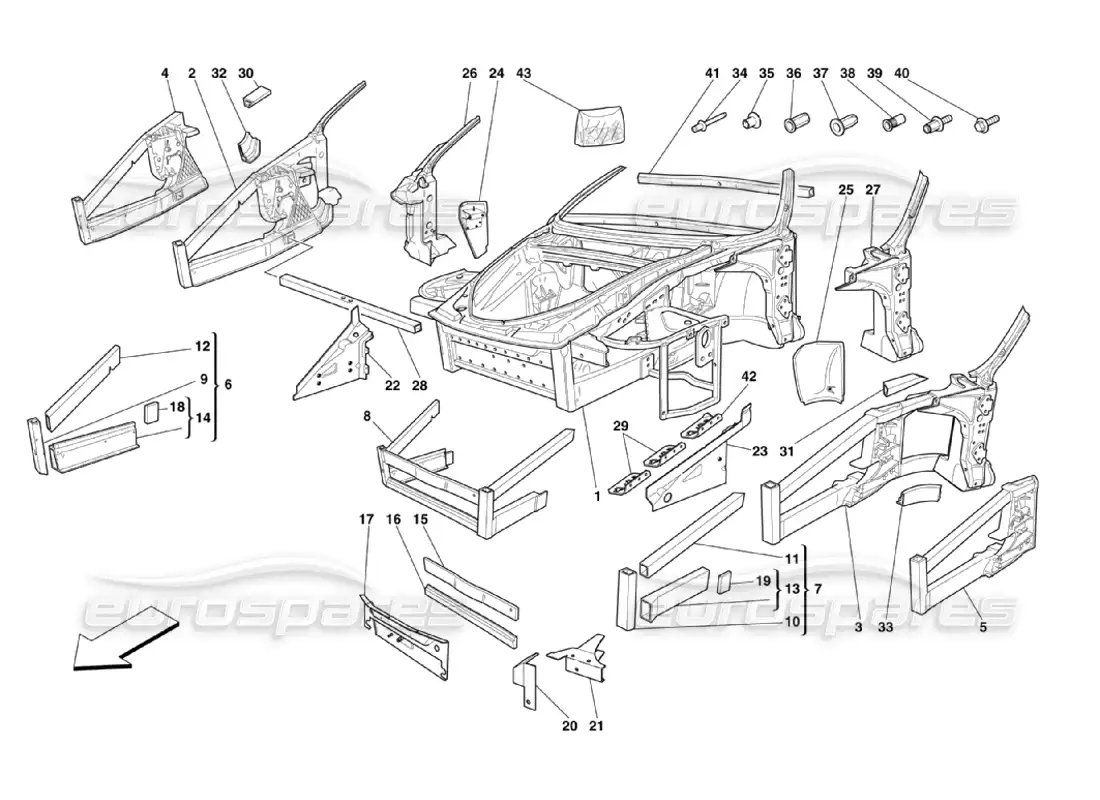 ferrari 360 challenge stradale frame - front elements structures and plates parts diagram