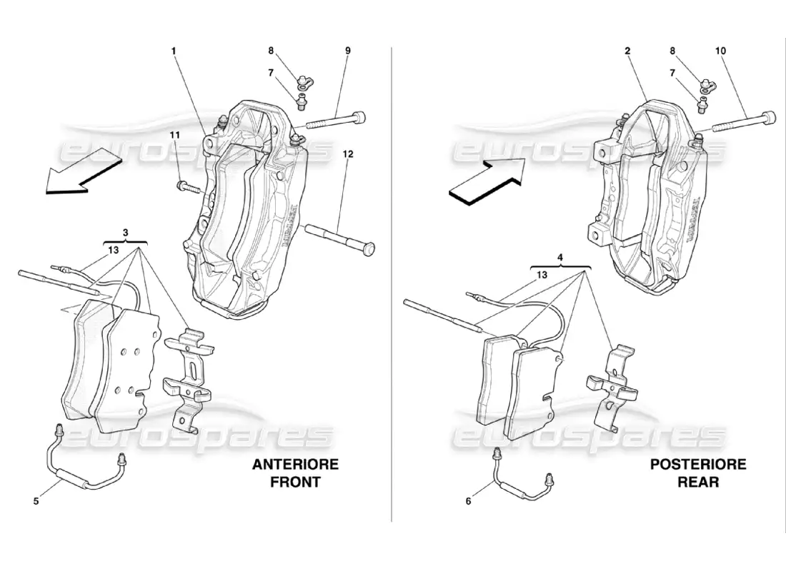 ferrari 360 challenge stradale calipers for front and rear brakes parts diagram