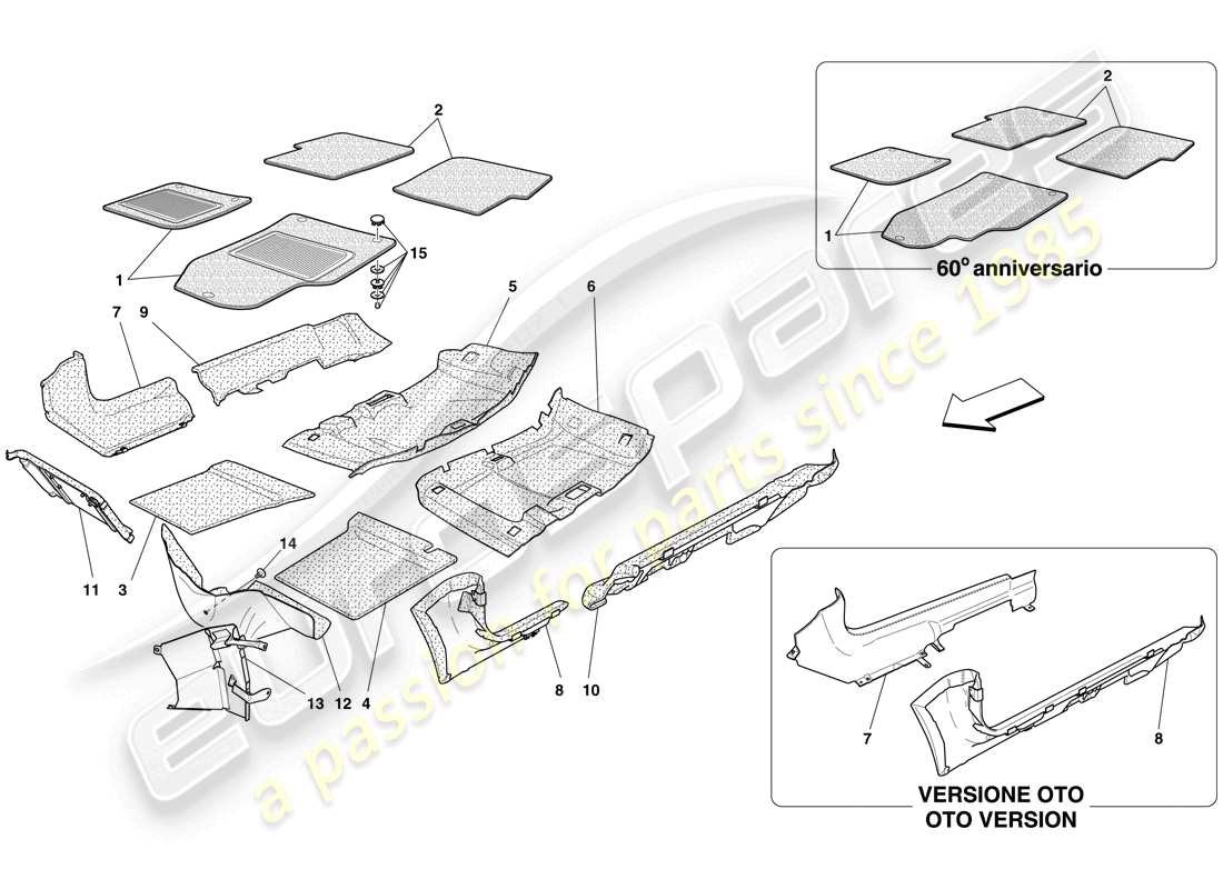 ferrari 612 sessanta (europe) passenger compartment trim and mats part diagram