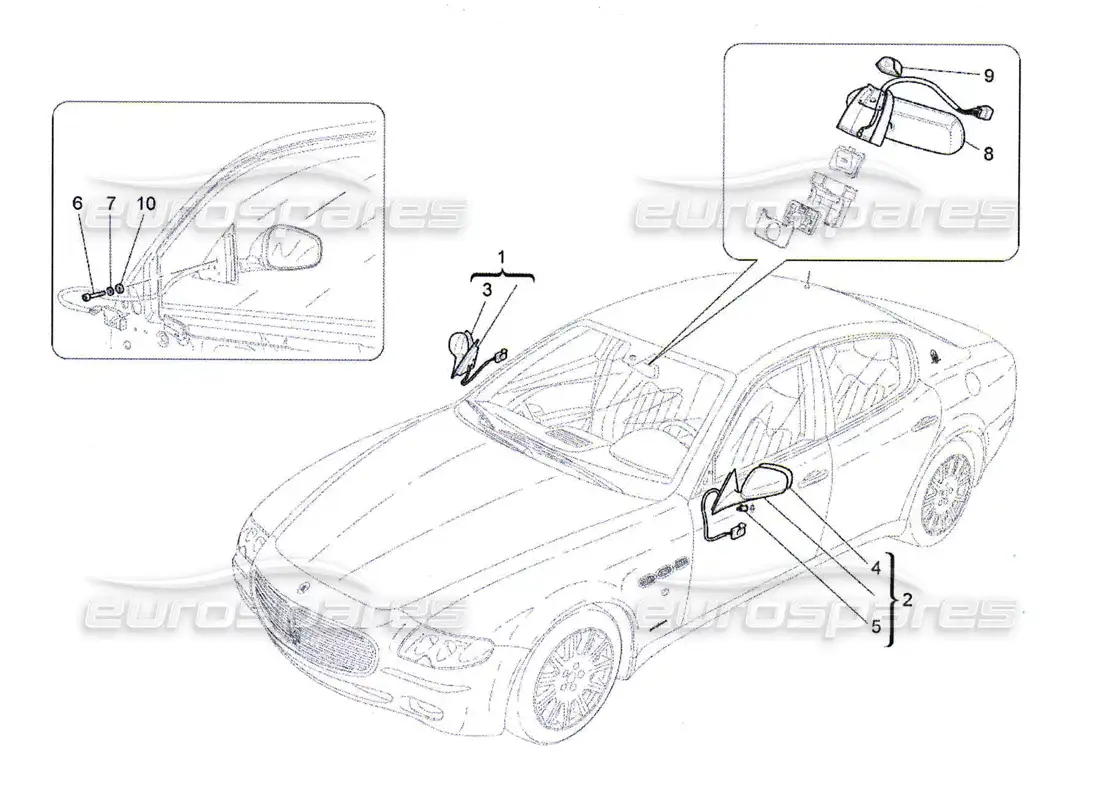 maserati qtp. (2010) 4.7 internal and external rear-view mirrors parts diagram