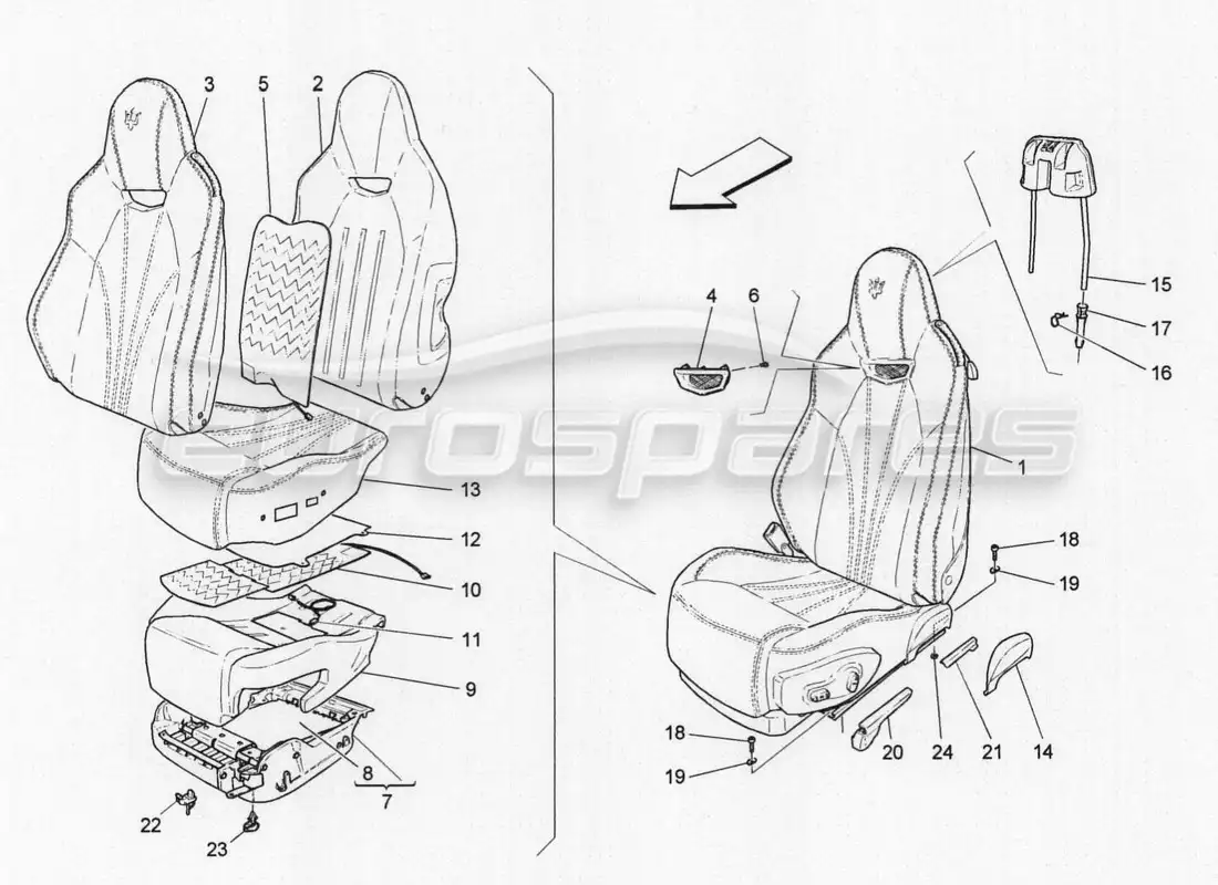 maserati granturismo special edition front seats: trim panels parts diagram