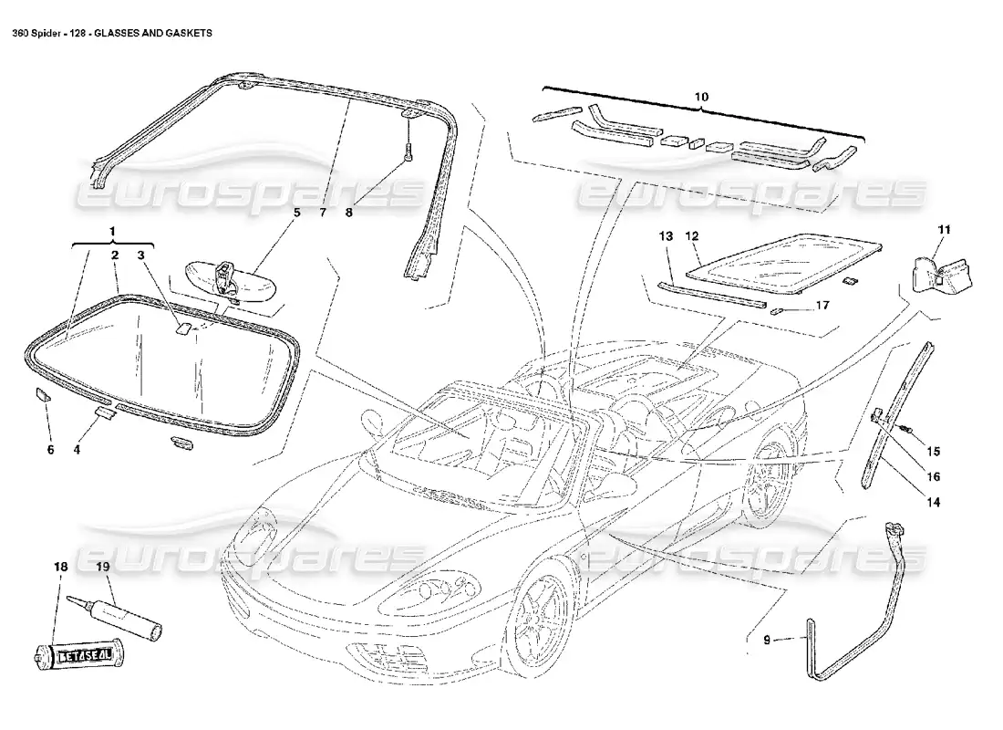 ferrari 360 spider glasses and gaskets parts diagram