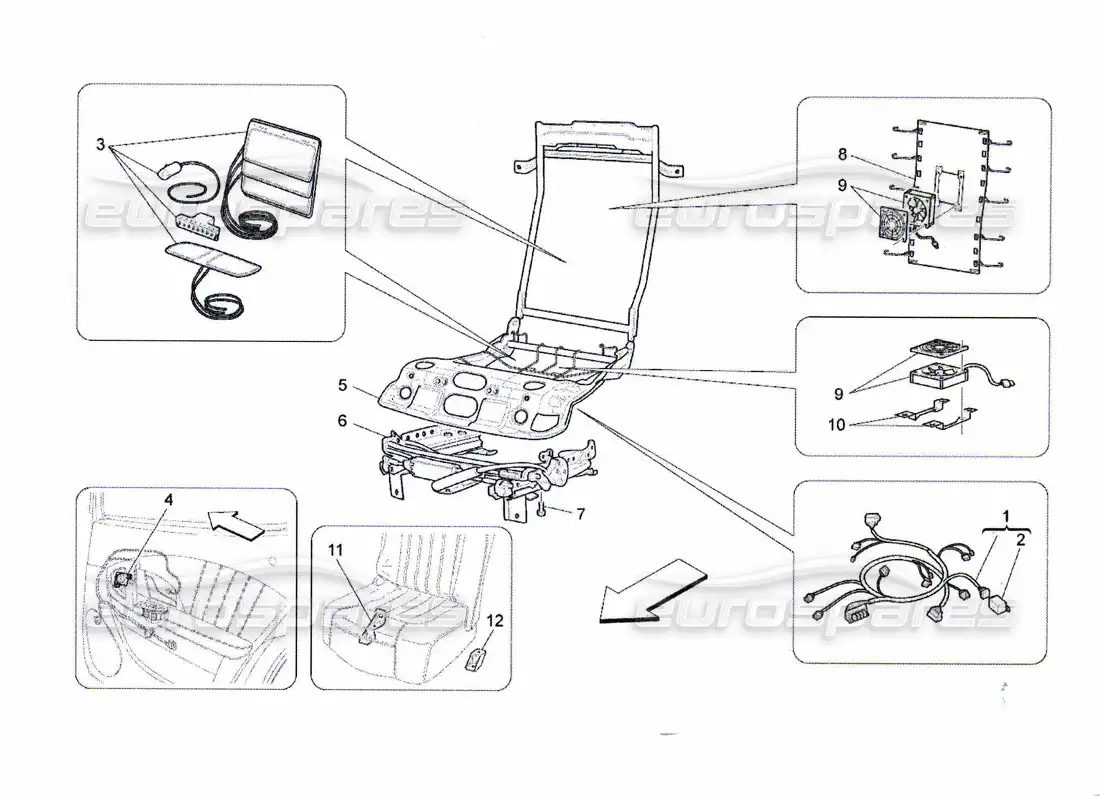 maserati qtp. (2010) 4.7 rear seats: mechanics and electronics parts diagram