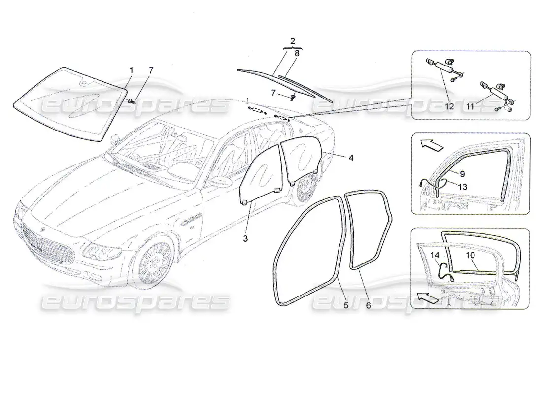 maserati qtp. (2010) 4.7 windows and window strips parts diagram