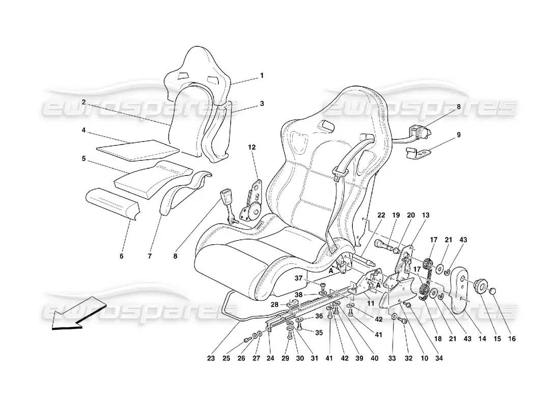 ferrari 355 (5.2 motronic) seats and safety belts parts diagram