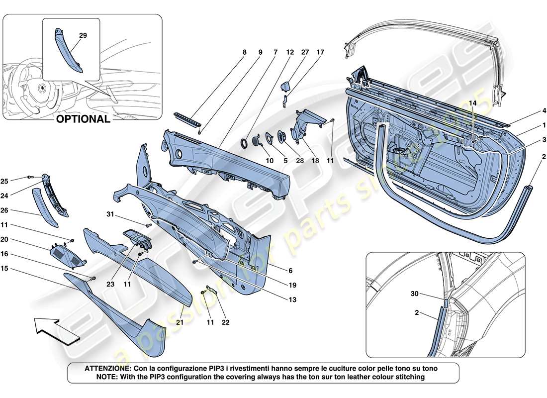 ferrari ff (europe) doors - substructure and trim part diagram