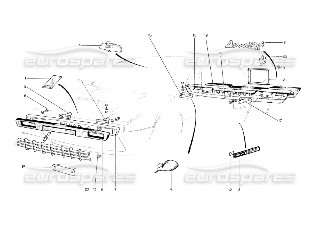 ferrari 308 gt4 dino (1979) bumpers and mouldings parts diagram