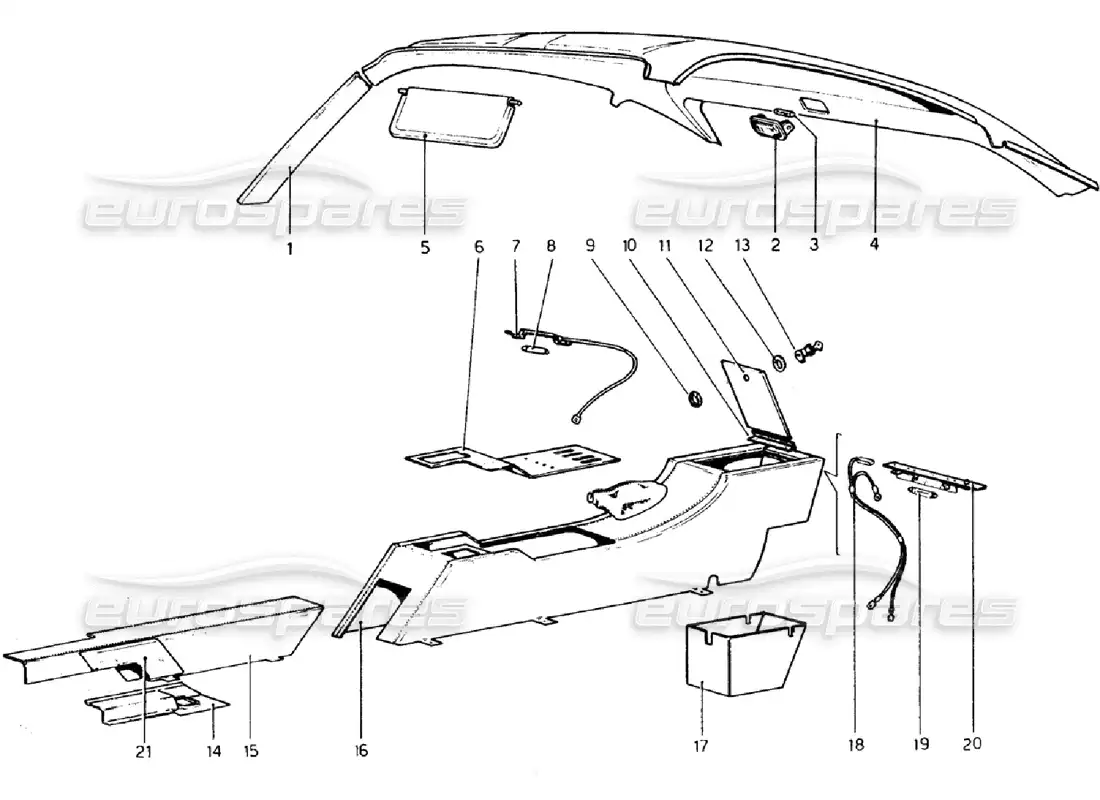 ferrari 308 gtb (1976) tunnel and roof parts diagram