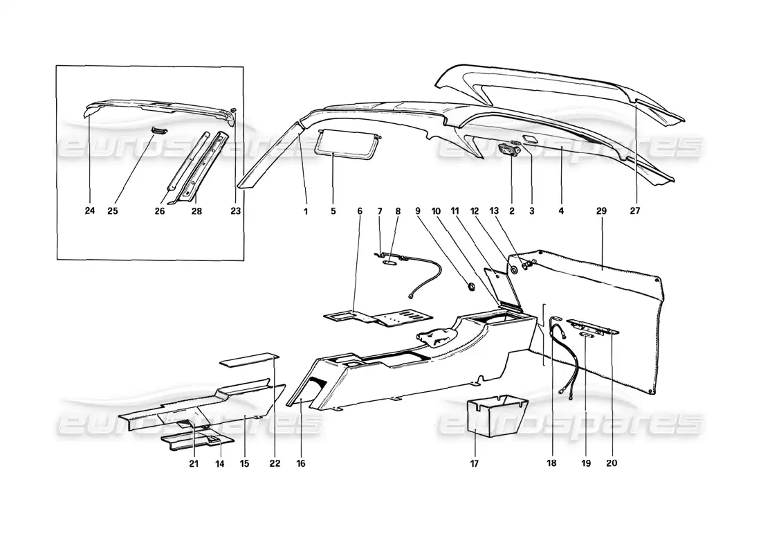 ferrari 308 gtb (1980) tunnel and roof parts diagram