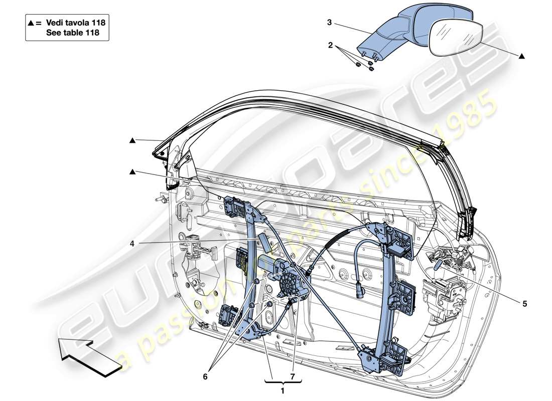 ferrari 458 italia (usa) doors - power windows and rear-view mirror parts diagram