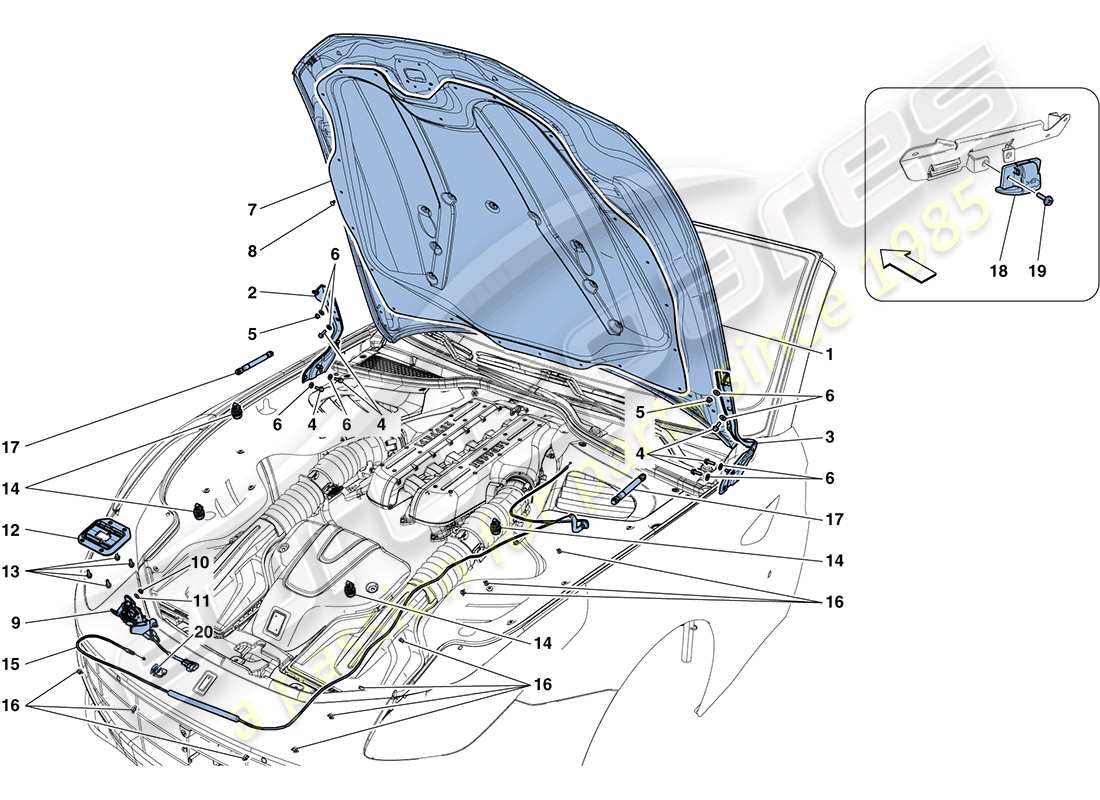 ferrari ff (rhd) front lid and opening mechanism parts diagram