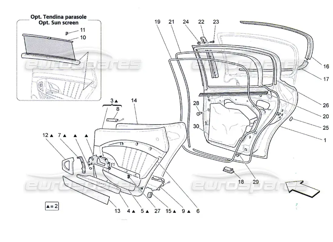 maserati qtp. (2010) 4.7 rear doors: trim panels parts diagram