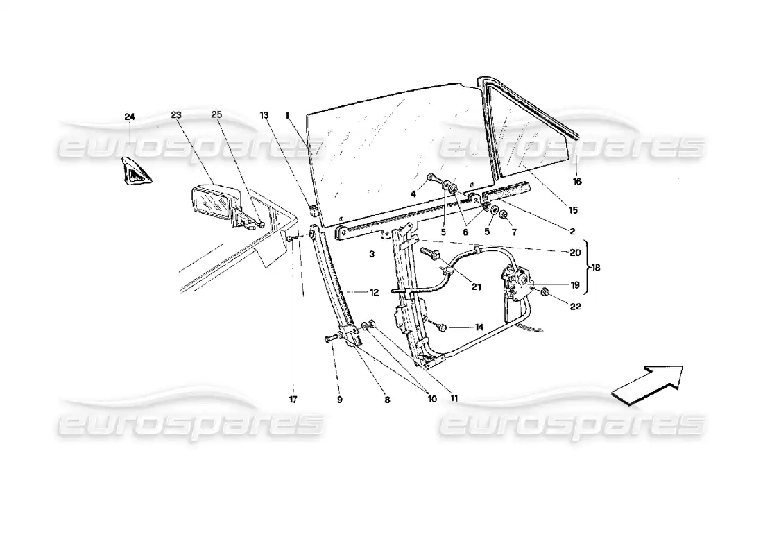 ferrari mondial 3.4 t coupe/cabrio doors - cabriolet - glass lifting device and rear mirror parts diagram