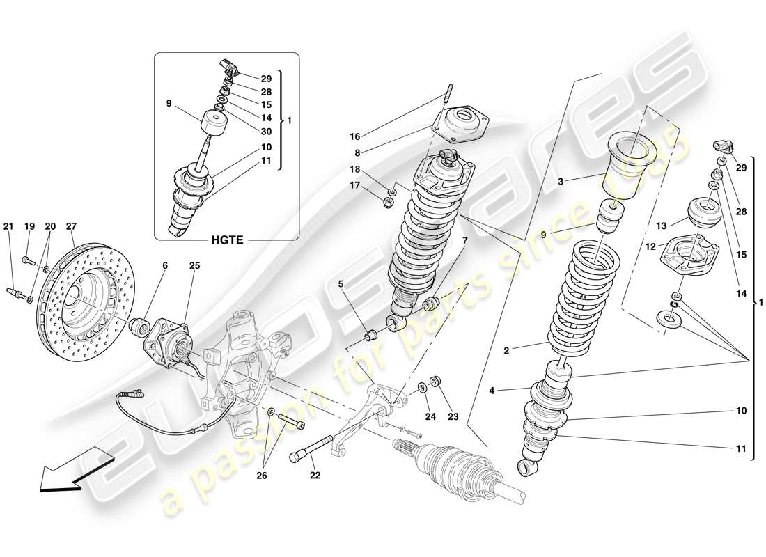 ferrari 599 gtb fiorano (usa) rear suspension - shock absorber and brake disc part diagram