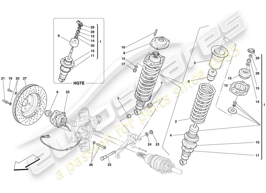 ferrari 599 gtb fiorano (europe) rear suspension - shock absorber and brake disc parts diagram