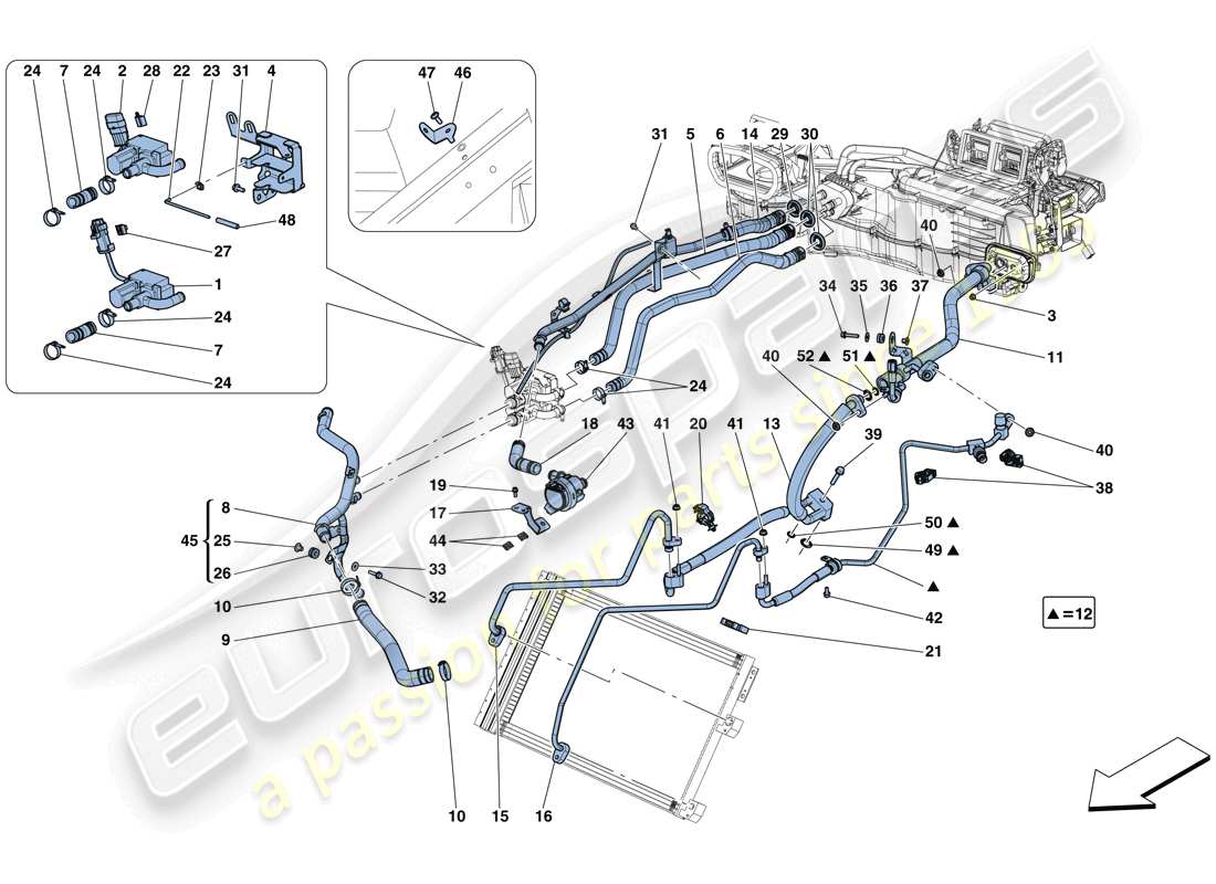 ferrari gtc4 lusso t (rhd) ac system - water and freon parts diagram