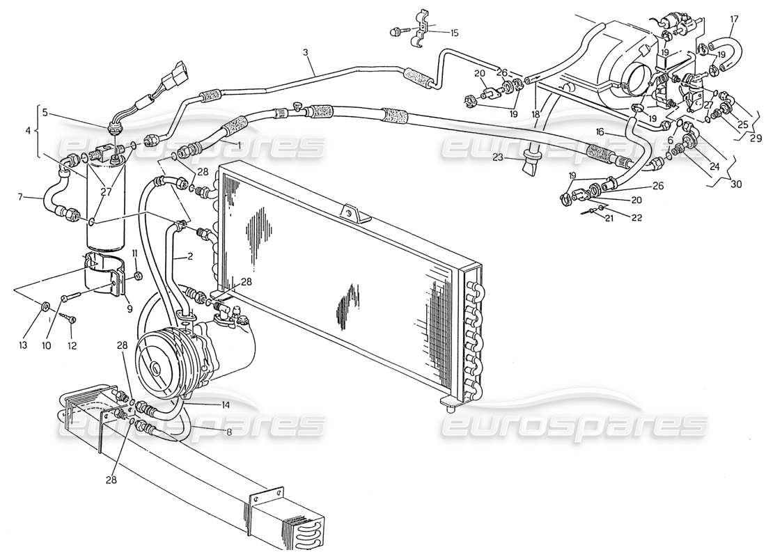 maserati 222 / 222e biturbo air conditioning system rh steering (pre modif.) part diagram