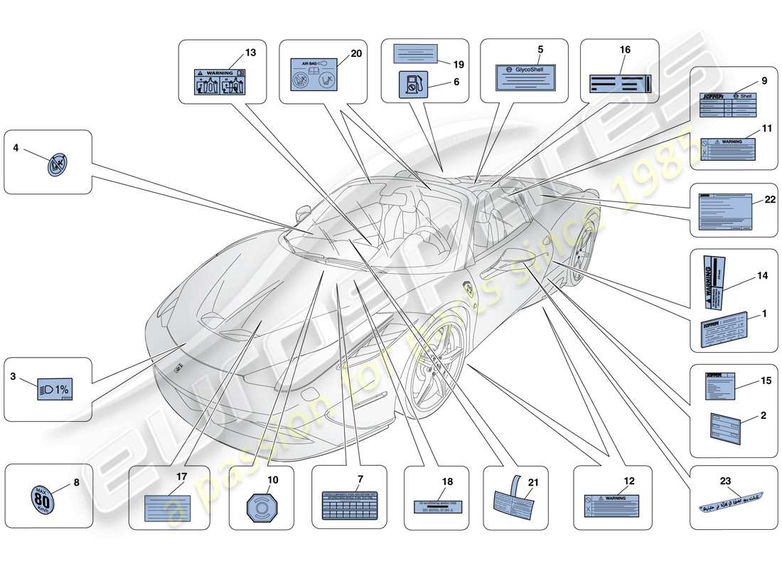 ferrari 458 speciale aperta (usa) adhesive labels and plaques part diagram