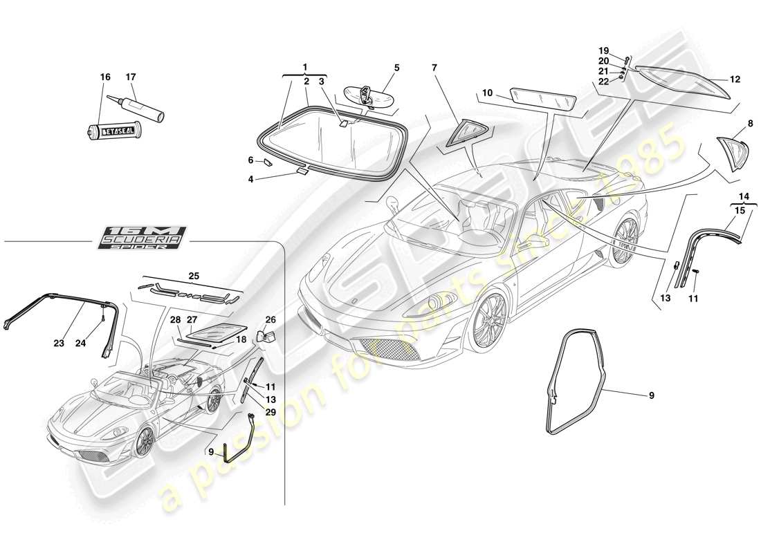 ferrari f430 scuderia spider 16m (europe) screens, windows and seals part diagram