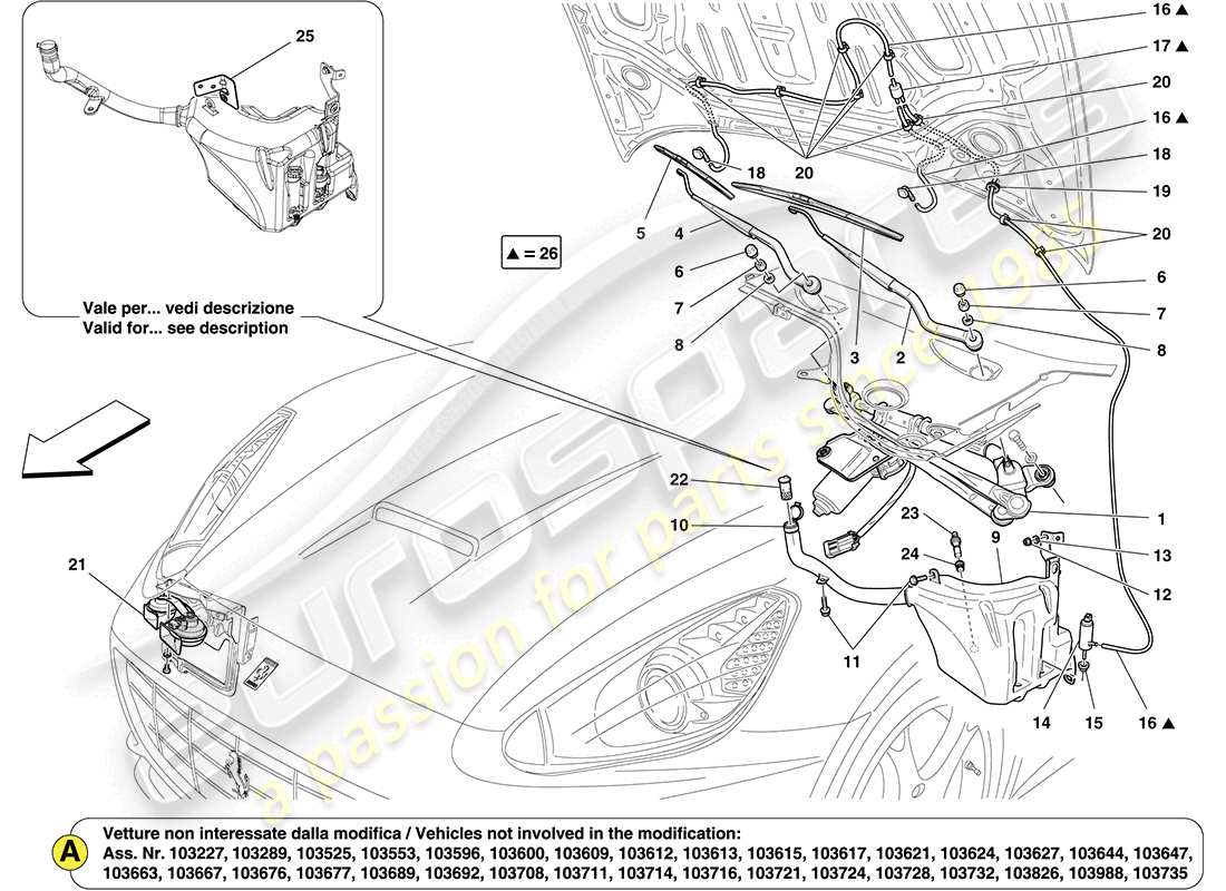 ferrari california (rhd) windscreen wiper, windscreen washer and horns part diagram