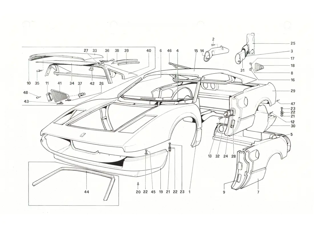 ferrari 208 gtb gts body shell - outer elements parts diagram