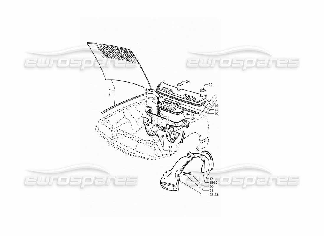 maserati qtp. 3.2 v8 (1999) bonnet and engine compartment covers part diagram