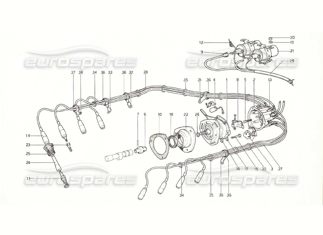 ferrari 308 gt4 dino (1976) engine ignition (1 distributor) parts diagram