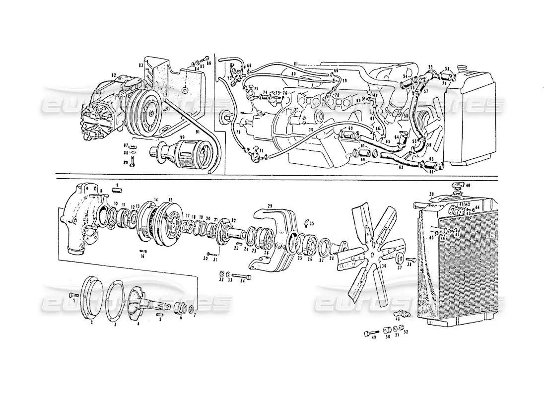 maserati 3500 gt water pump and fand parts diagram