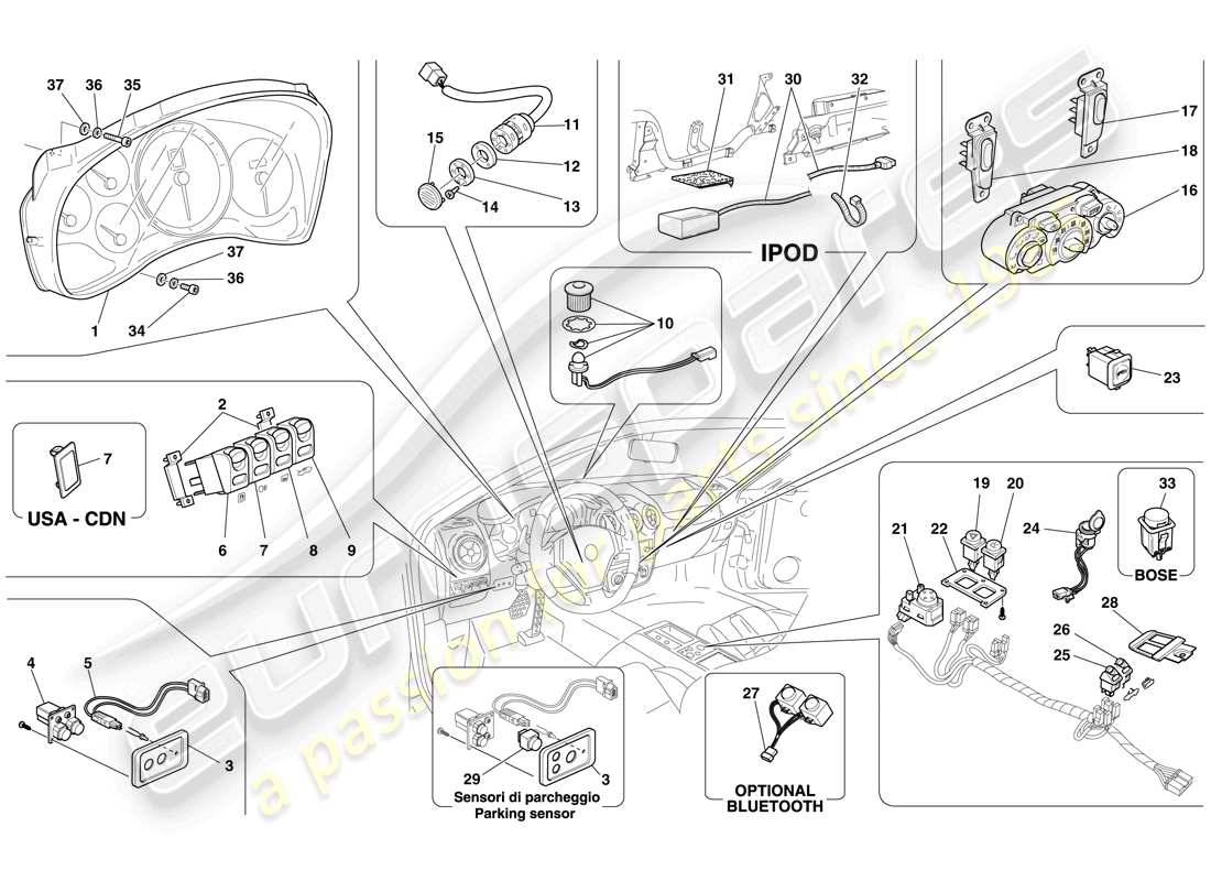 ferrari f430 spider (europe) dashboard and tunnel instruments part diagram