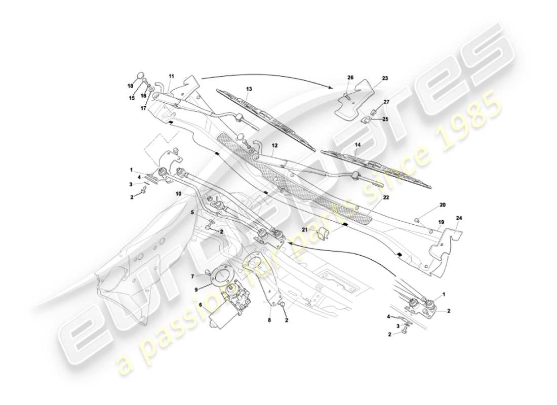 aston martin vanquish (2006) windscreen wipers part diagram