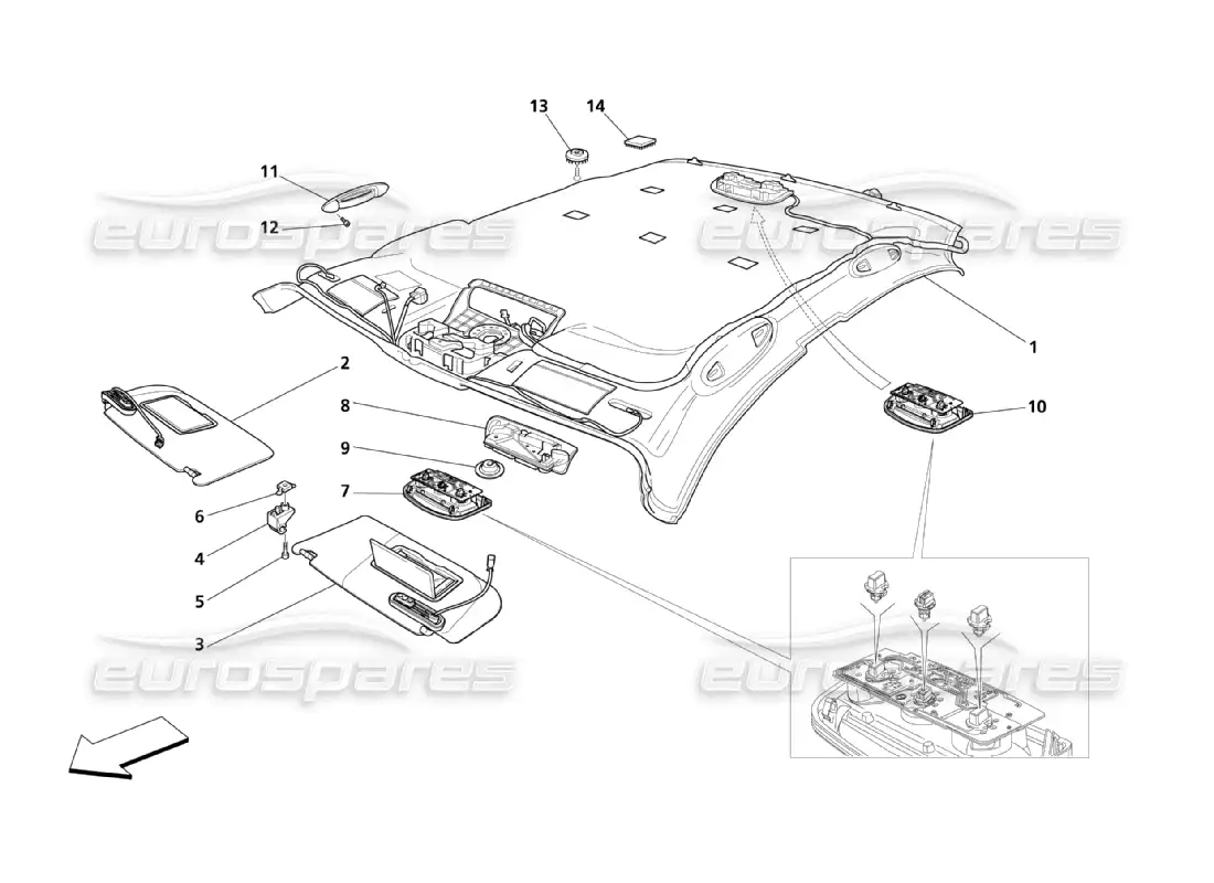 maserati qtp. (2003) 4.2 roof and sun visors parts diagram