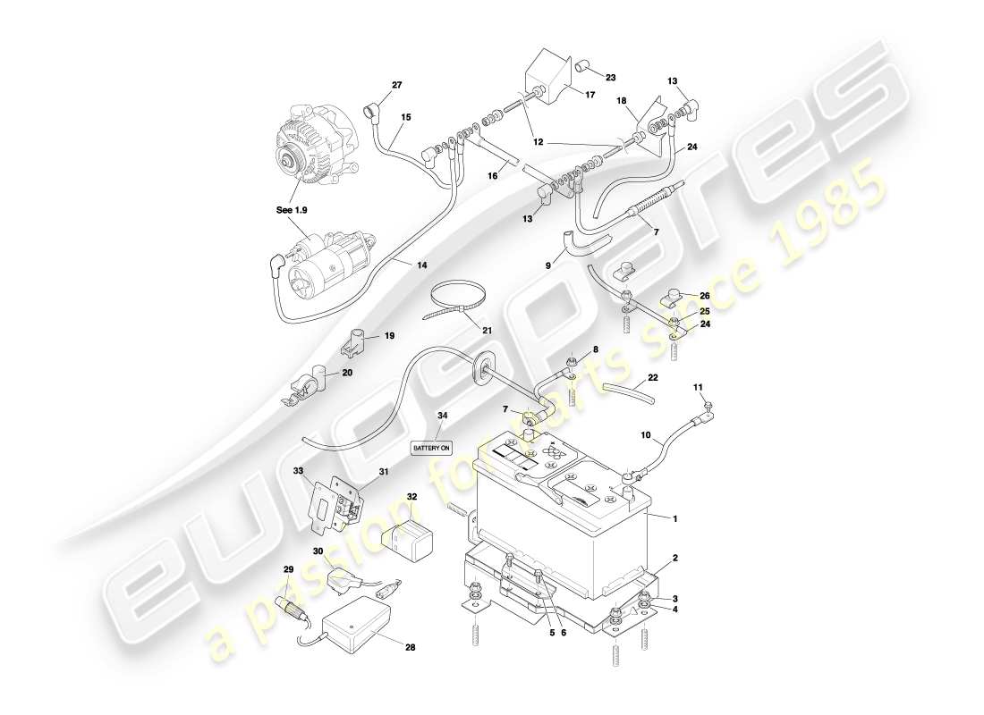 aston martin db7 vantage (2001) battery & tray part diagram