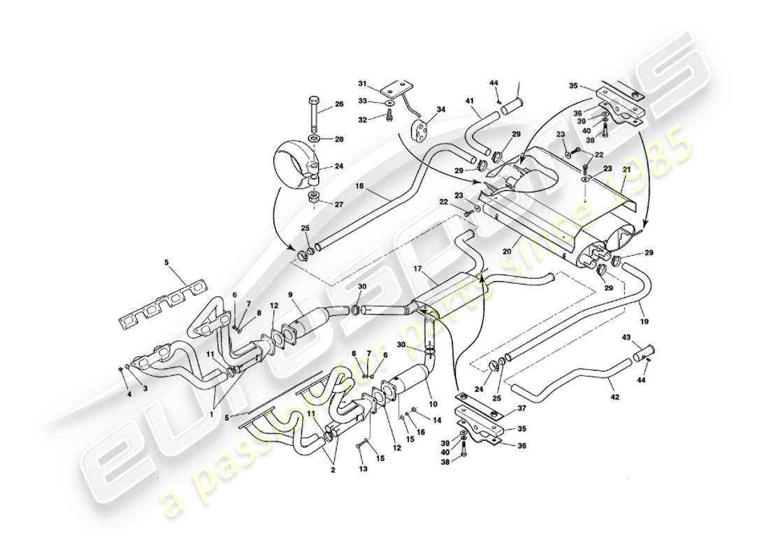 aston martin v8 volante (1998) exhaust system parts diagram