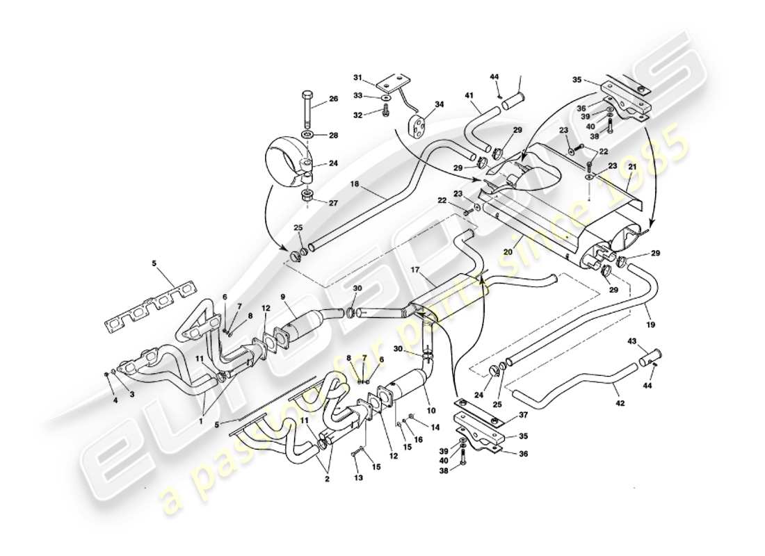 aston martin v8 volante (1997) exhaust system part diagram