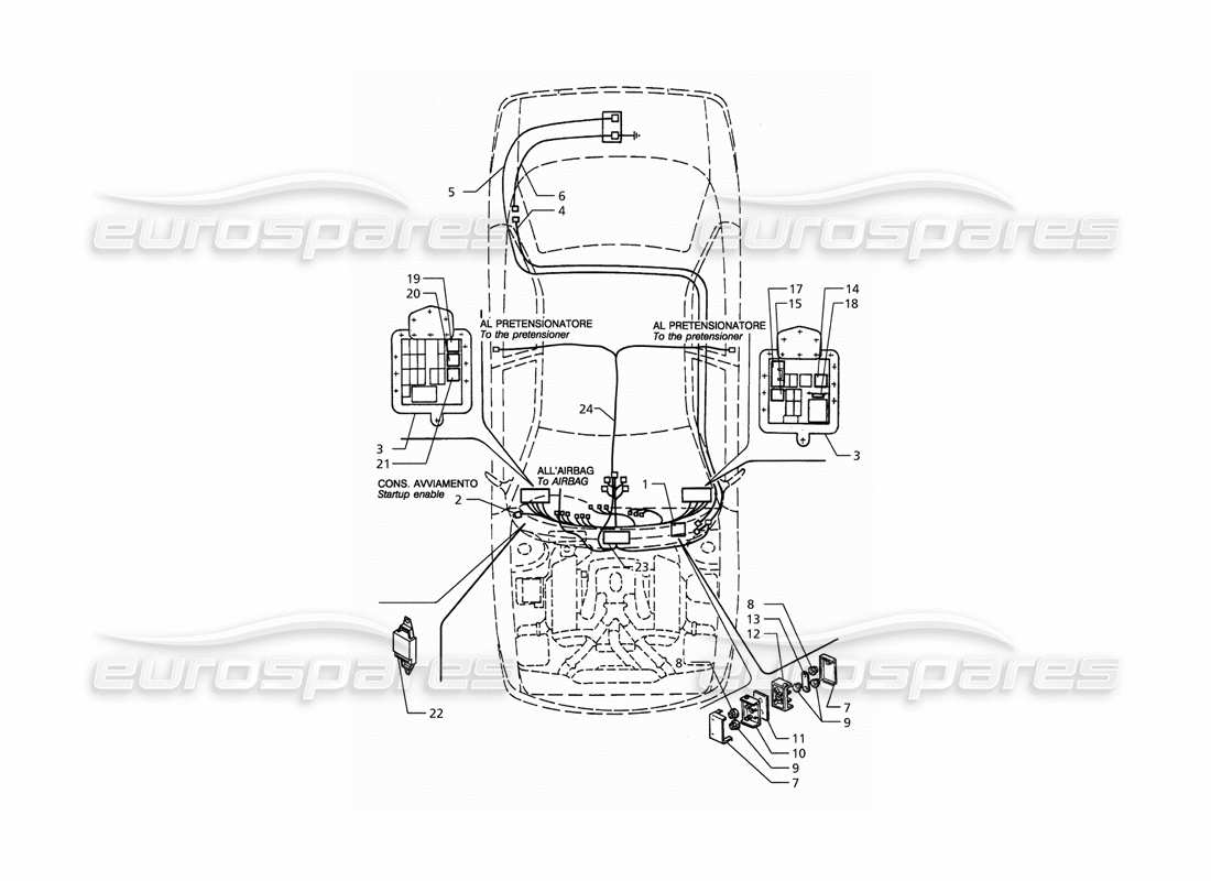 maserati qtp. 3.2 v8 (1999) electrical system: dashboard and battery (rh drive) part diagram