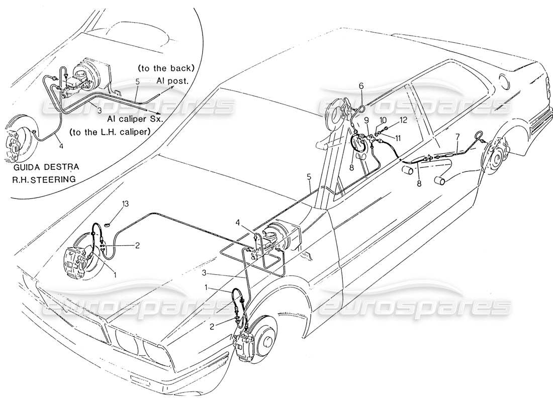 maserati 222 / 222e biturbo hydraulic brake lines parts diagram