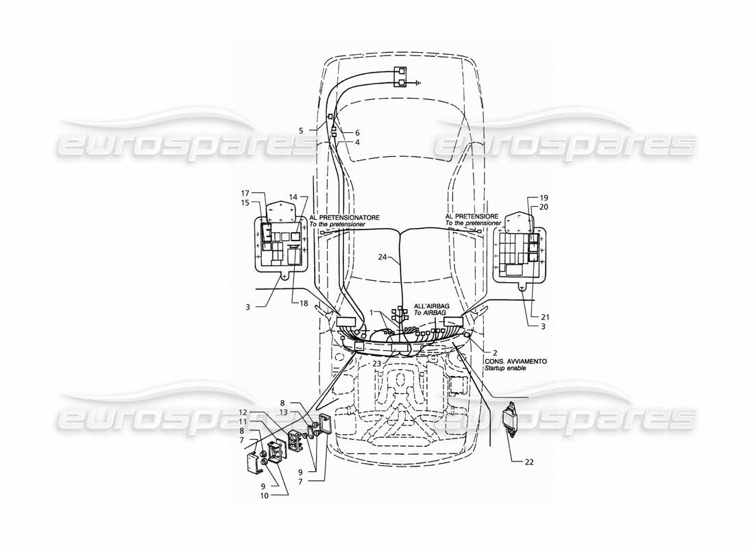 maserati qtp. 3.2 v8 (1999) electrical system: dashboard and battery (lh drive) parts diagram