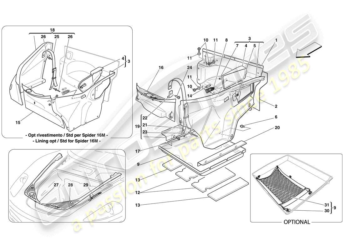 ferrari f430 scuderia (usa) front compartment trim parts diagram