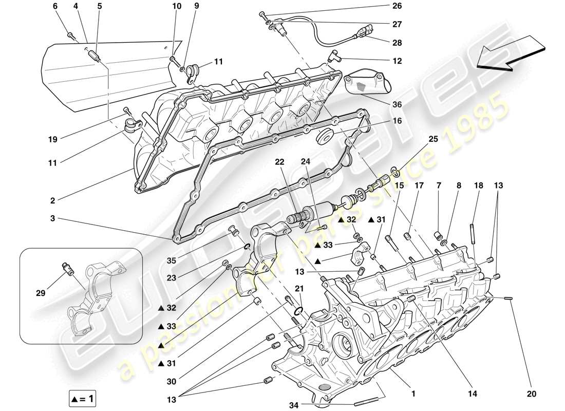 ferrari f430 scuderia spider 16m (rhd) right hand cylinder head parts diagram