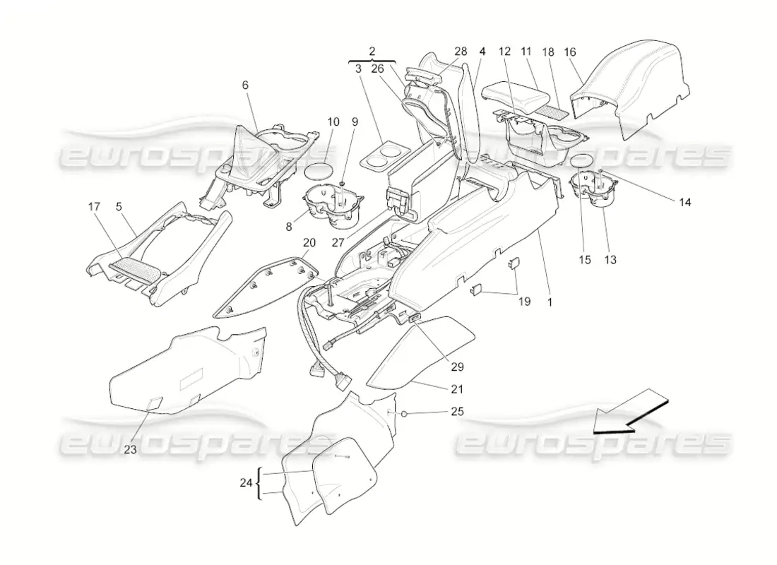 maserati grancabrio (2011) 4.7 accessory console and centre console parts diagram