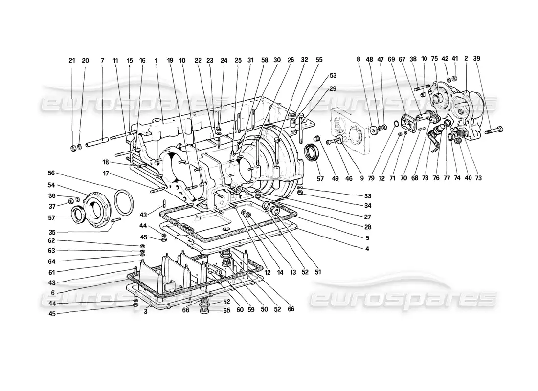 ferrari 308 (1981) gtbi/gtsi gearbox - differential housing and oil sump parts diagram