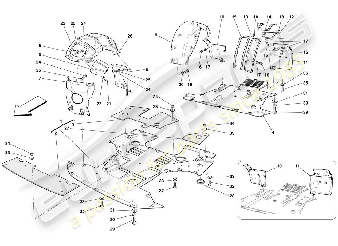 ferrari 612 sessanta (europe) flat undertray and wheelhouses part diagram