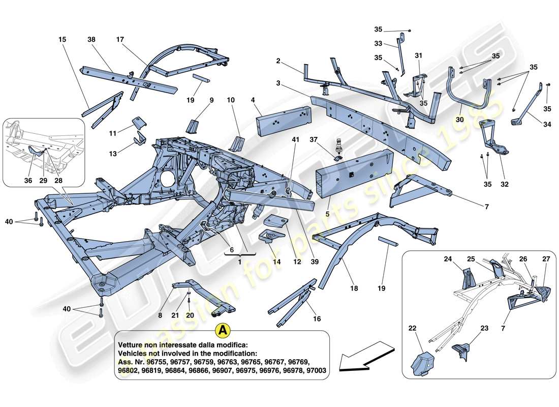 ferrari 458 italia (rhd) chassis - structure, rear elements and panels parts diagram