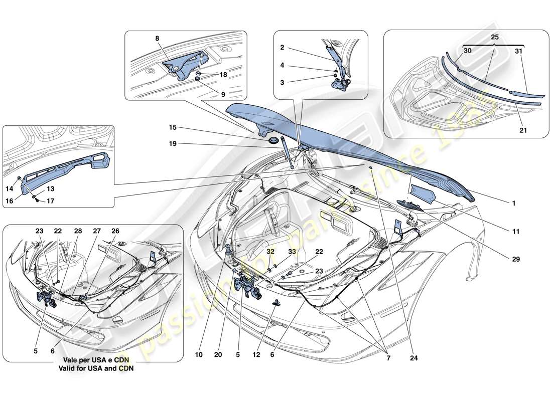 ferrari 458 spider (usa) front lid and opening mechanism part diagram