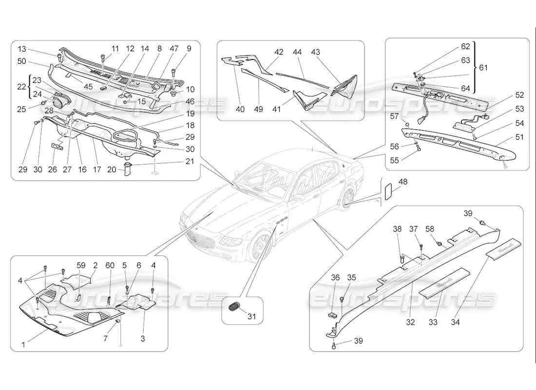 maserati qtp. (2006) 4.2 f1 shields, trims and covering panels parts diagram