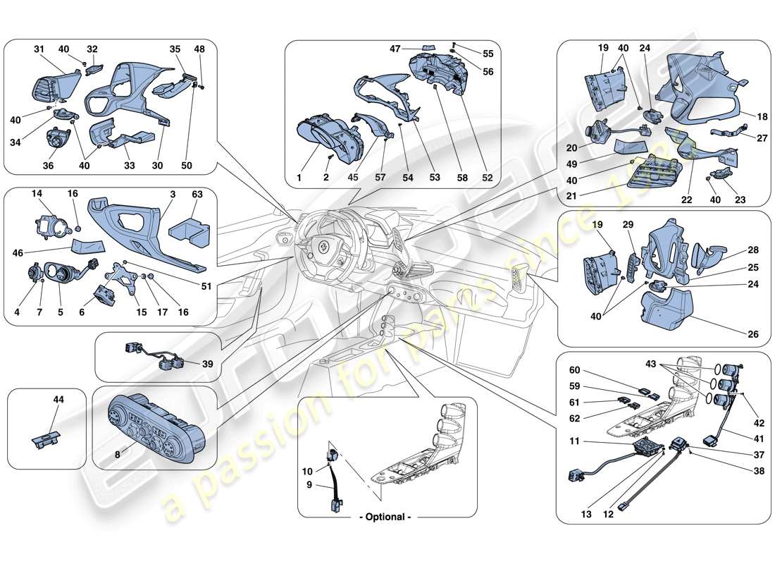 ferrari 458 speciale aperta (rhd) dashboard and tunnel instruments parts diagram